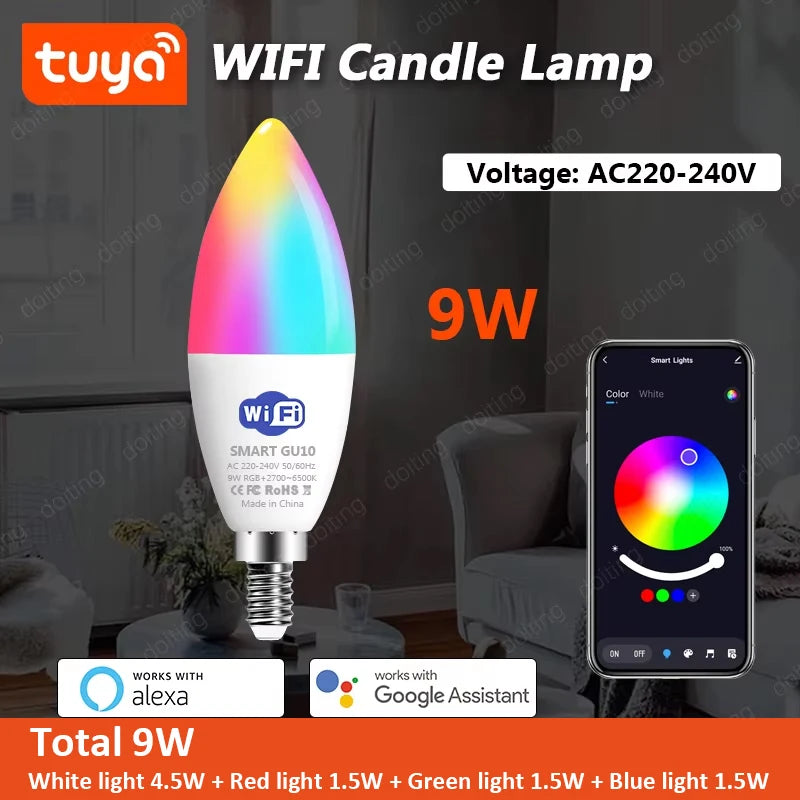 E14 Bluetooth Wifi Tuya Smart LED Chandelier Light Bulb RGB Color Changing Bulbs Smart Life APP Dimmable Alexa Google Home Voice