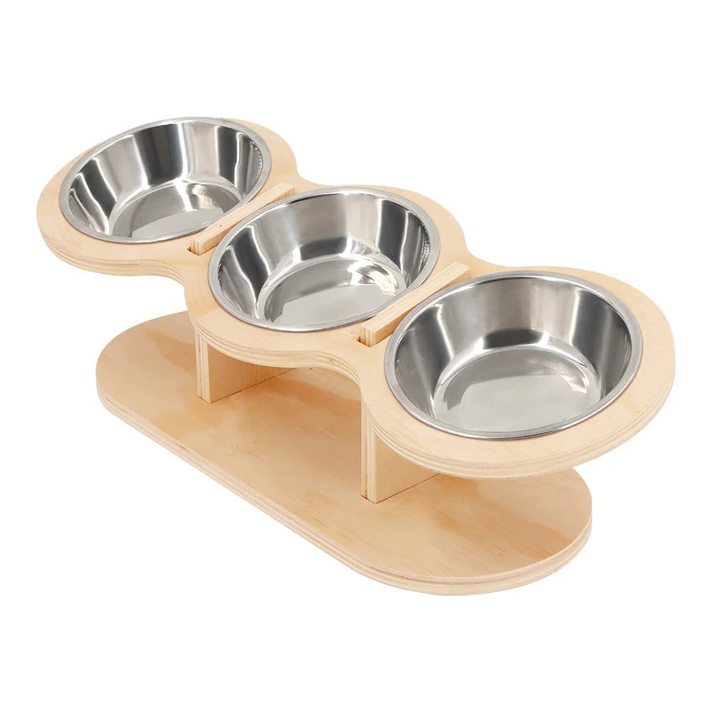Elevated Cat Bowls Raised Wood Stand Feeder with 3 Stainless Steel Bowls Feeding & Watering Supplies for Puppy Cats Accessories