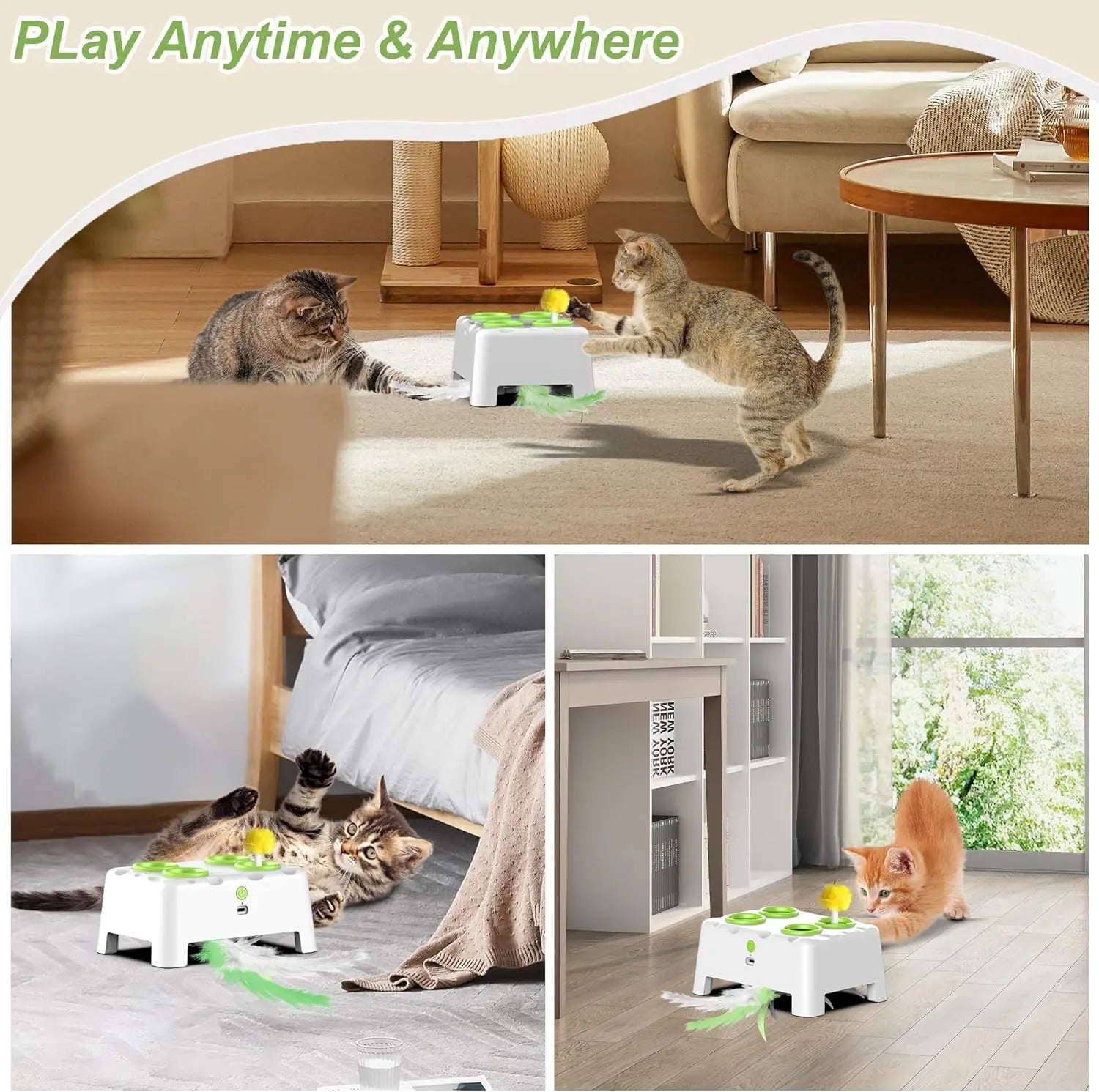 Whack A Mole Automatic Pop-Up Rechargeable Feather Toy for Cats Dogs Interactive Playing Kitten Training Pet Supplies