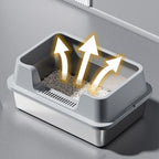 Stainless Steel Cat Litter Box with Lid and Scoop for Big Cat XL Metal Litter Pan Tray with High Wall Sides Enclosure Non-Sticky