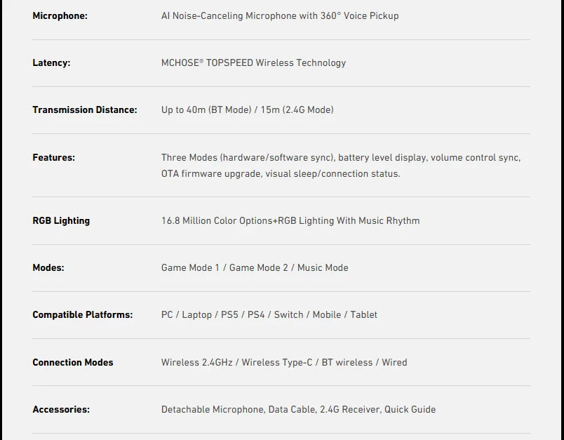 MCHOSE X9 Wireless Gaming Headset 7.1 Surround Sound Noise Canceling Mic Low 15ms Latency FPS Games E-sports Headphones