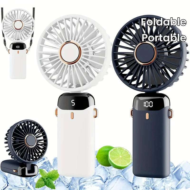 Handheld Mini Fan Foldable Portable Neck Hanging Fans 5 Speed ​​USB Rechargeable Fan with Phone Stand and Display Screen 1800 mAh