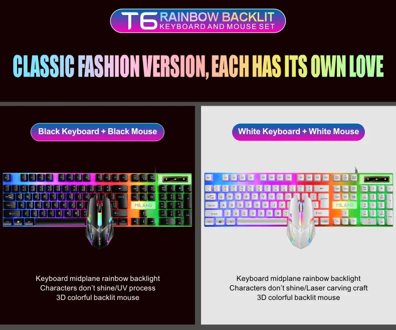 Rainbow Backlit Wired Keyboard and Mouse,Floating Keycap Strong, Wear-resistant, Comfortable Feel Keyboard for Business Office