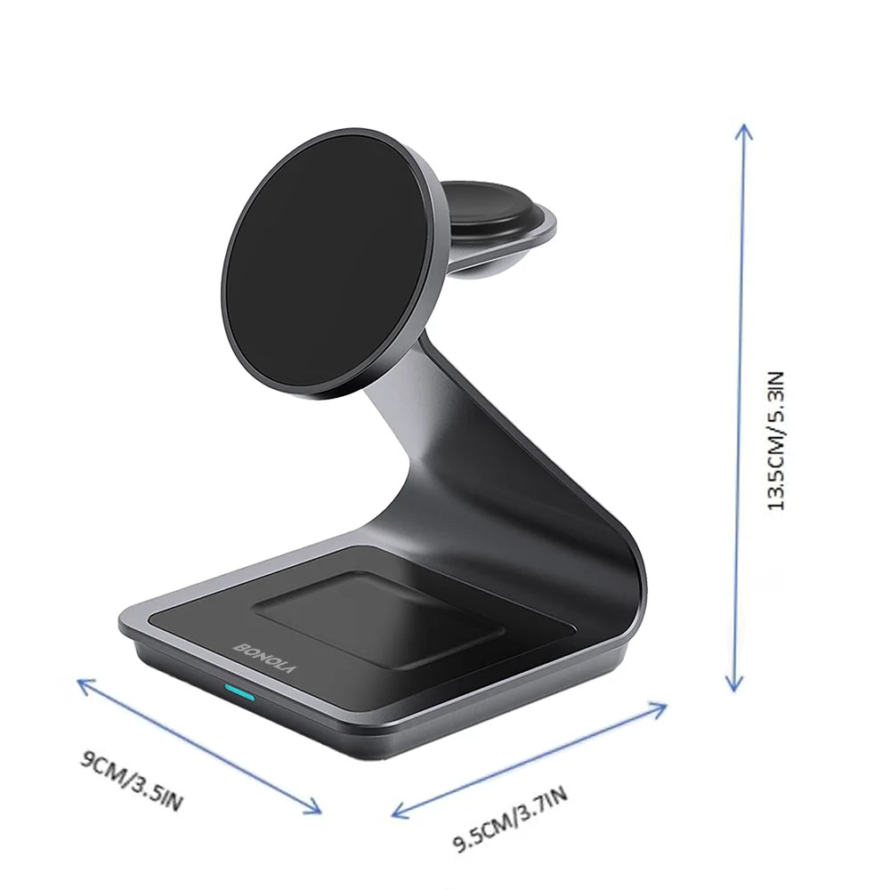 Bonola 3‑in‑1 Magnetic Wireless Charger — 25W Stand p/ Samsung & Watch