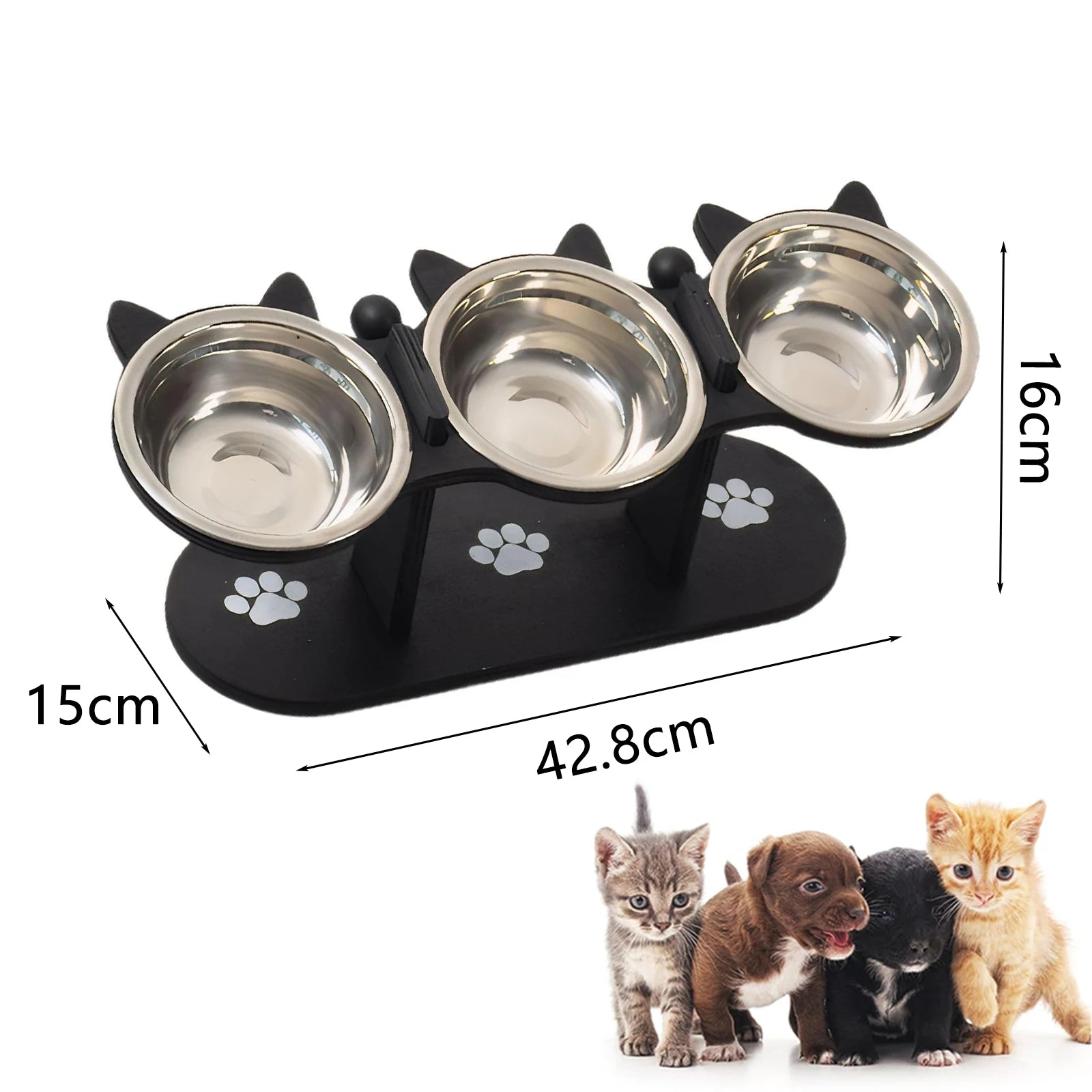 Elevated Cat Food Bowl with Black Wooden Support Frame. Steel-Free Cat Bowls, 15° Stand Sloped Feeding & Watering Supplies.