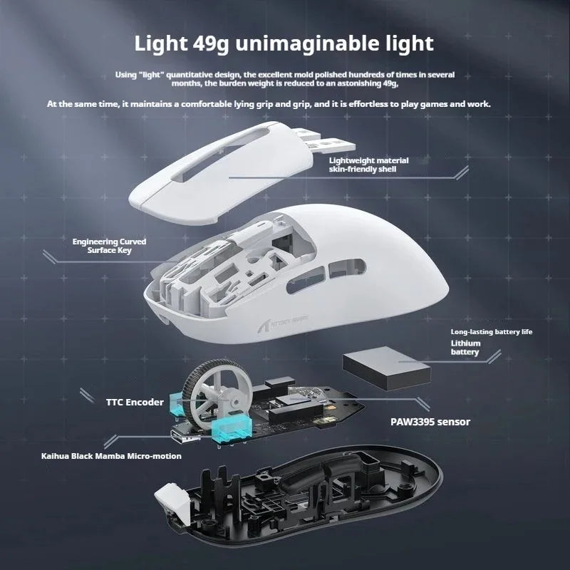 Attack Shark X3 Ultra Light Wireless Gaming Mouse Tri Mode 2.4G/Bluetooth/USB-C 26000DPI PAW3395 Sensor 49g Lightweight