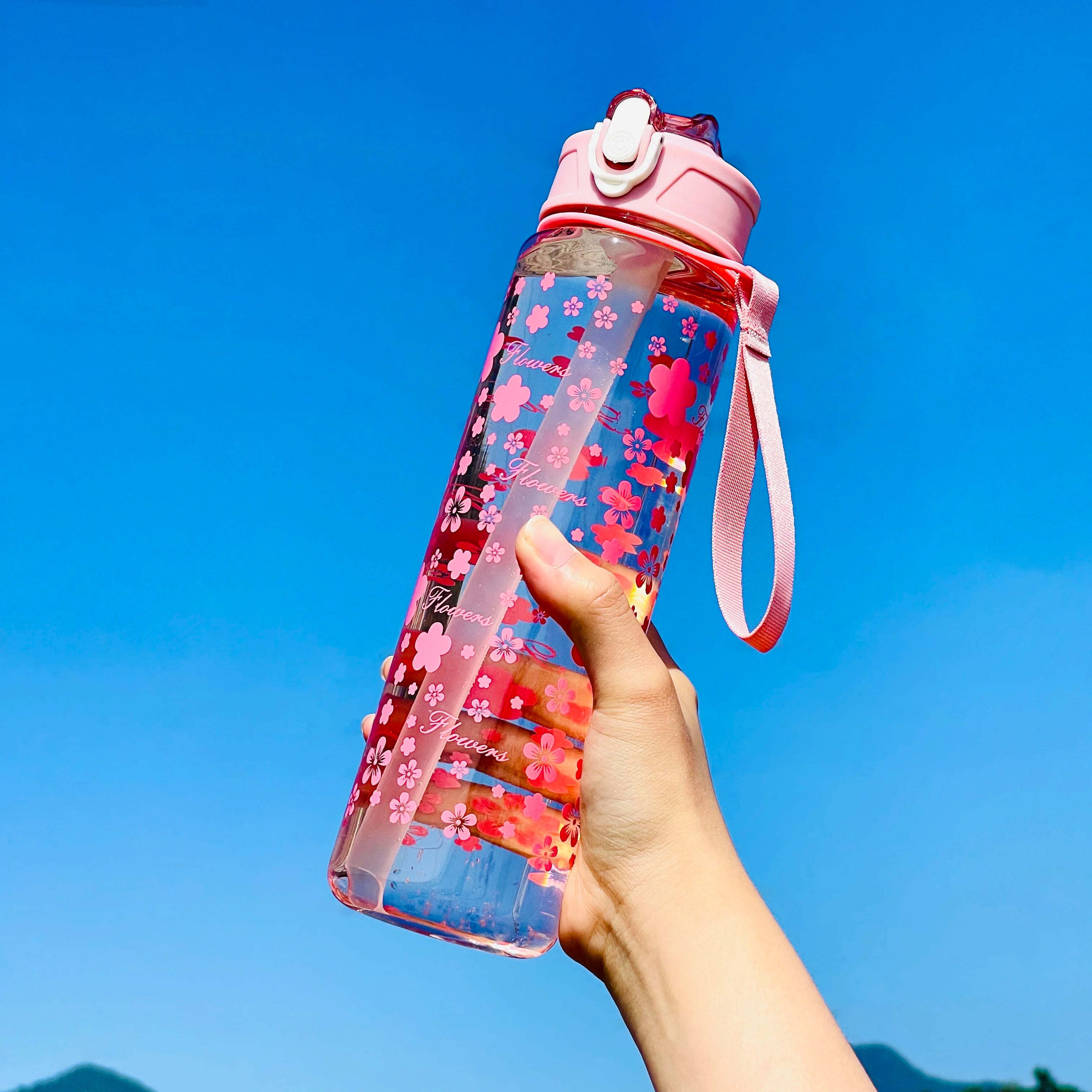 Garrafa 800ml com Palhinha – Design Cherry Blossom, Grande para Outdoor