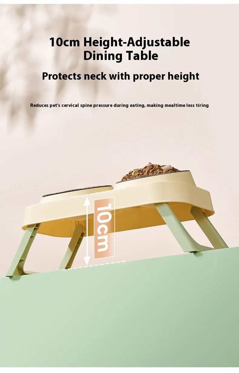 Foldable Stainless Steel Elevated Pet Bowl - Dual Dish Non-Slip Anti-Tip Raised Feeder with Neck Support for Cats Dogs