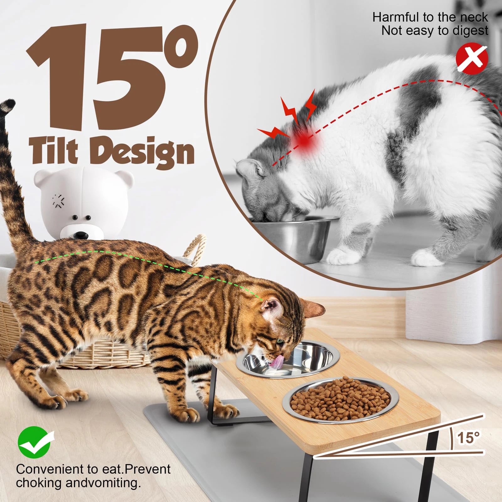 Elevated Cat Bowls Pet Feeder 15° Tilted Raised Cat Food Bowls with Wooden Stand, 2 Stainless Steel Bowls for Cats and Kittens