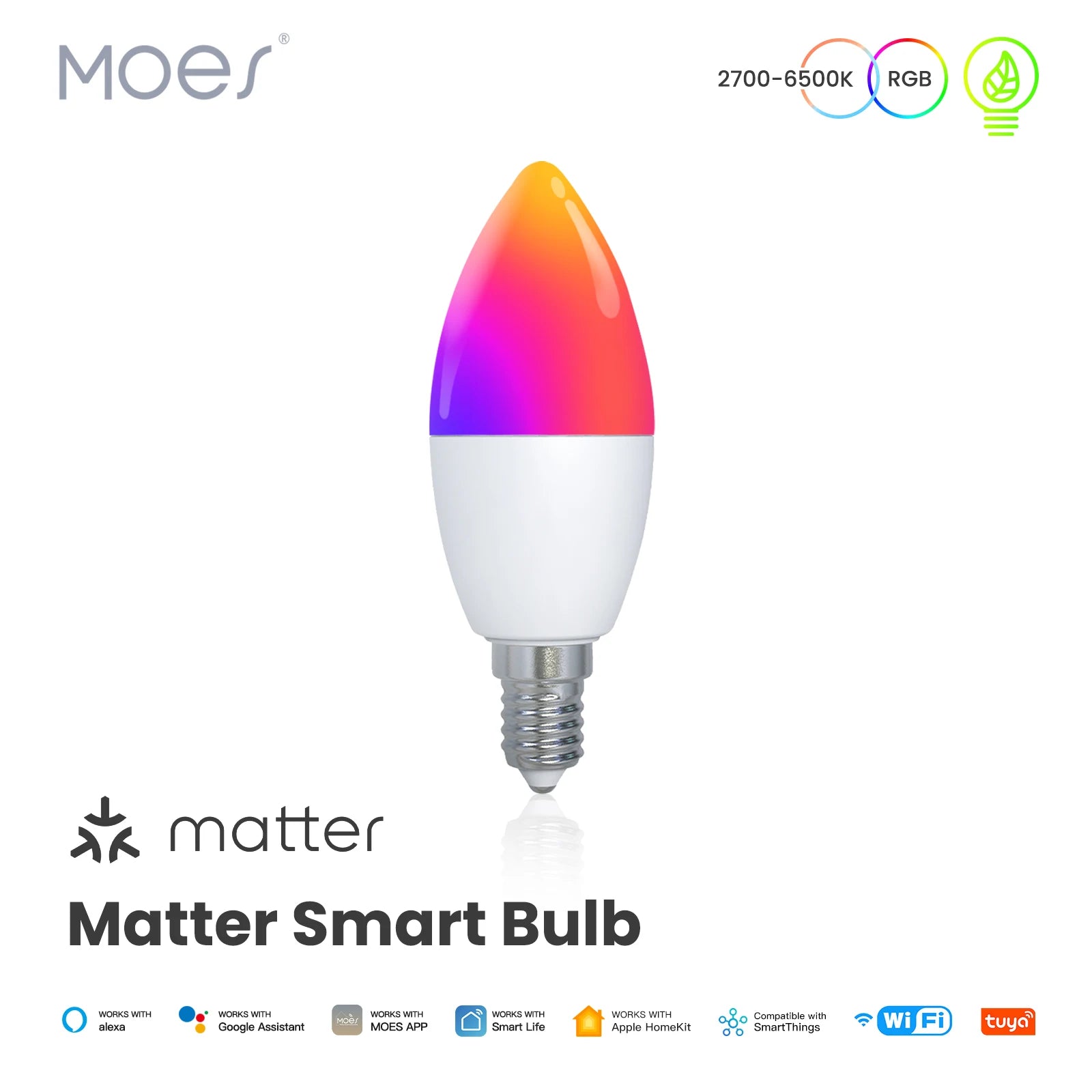 MOES Tuya Matter WiFi Smart Bulb Dimmable Led Light 16 Million RGB Colors E14 Candle Lamp Voice Control Alexa Google Home