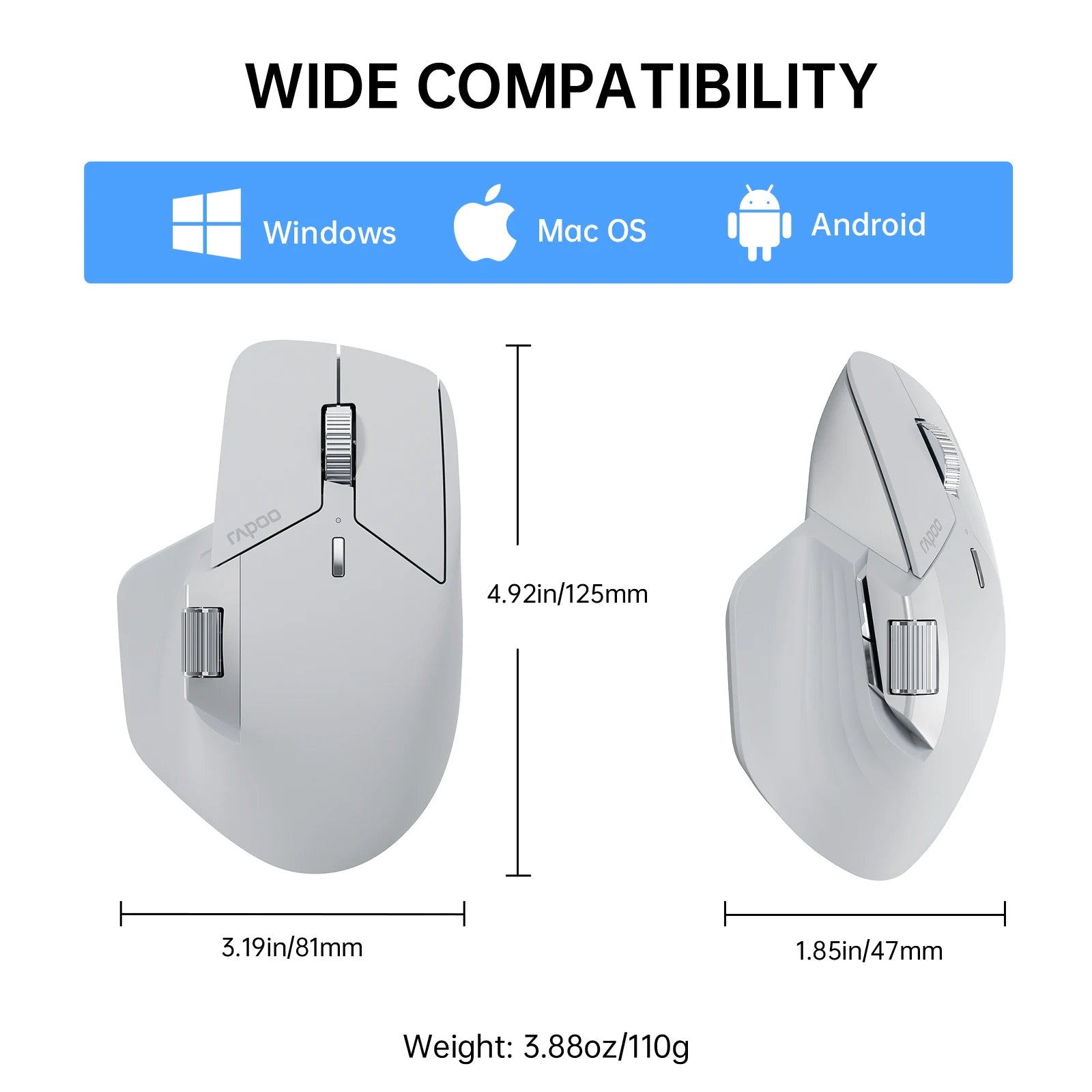 Rapoo MT720L Multimodo Rechargeable Wireless Mouse 4000 DPI Bluetooth Mouse Easy-Switch Up to 4 Devices