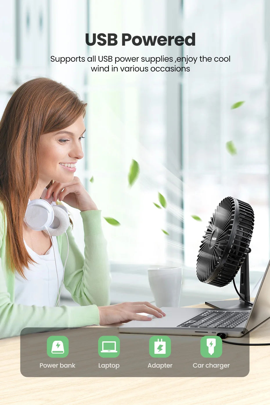 Ventoinha GAIATOP de Mesa — USB, 3 Velocidades, Silenciosa, Ajuste 90°