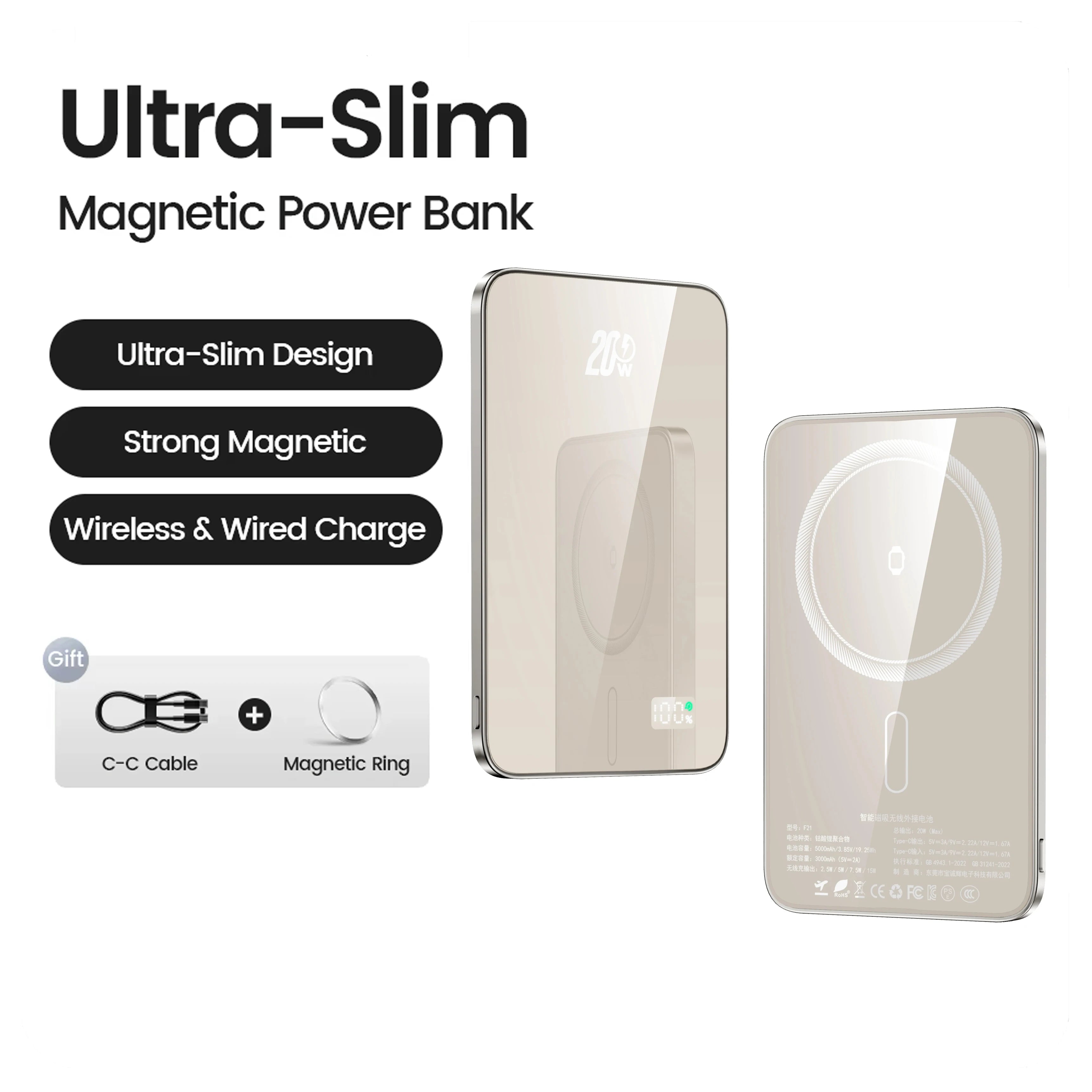 10000mAh 20W Wireless Magnetic Power Bank Portable Battery Charger for MagSafe iPhone 16, 15, 14, 13, and Samsung iWatch
