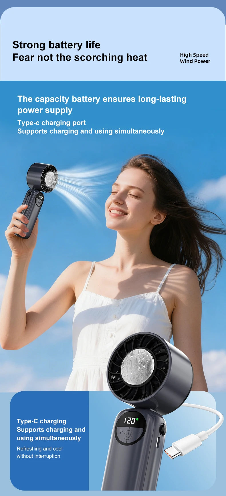 Outdoor Handheld Cold Compress Fan 3600mAh Quite High-speed Cold Air USB Rechargeable Mini Turbo Fan with Lanyard Portable Fan