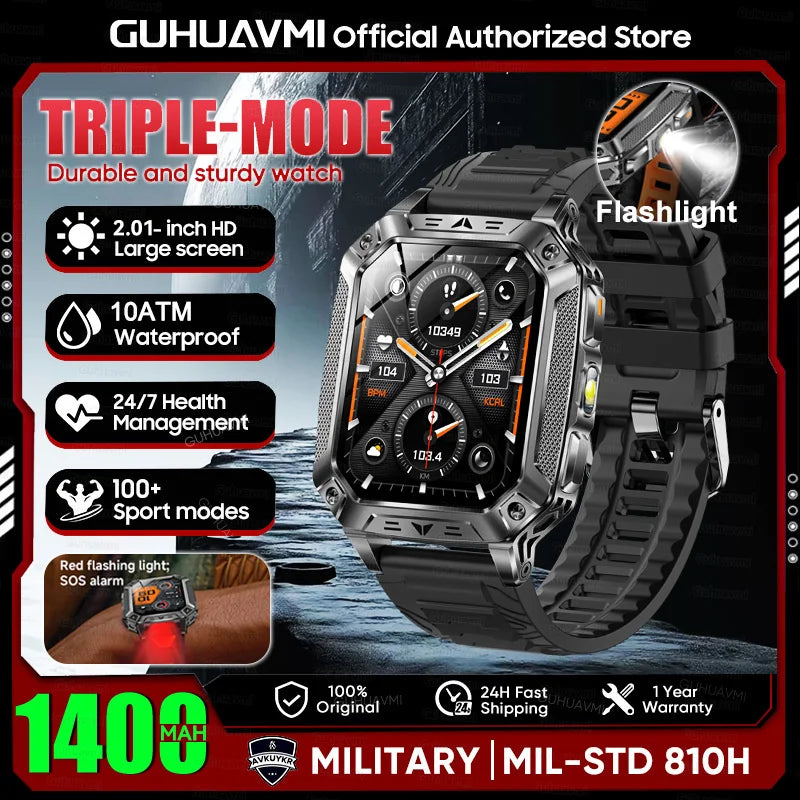 New Rugged Military Smart Watch Men 1400mAh Battery 2.01inch AMOLED Bluetooth Call 10ATM Waterproof LED Flashlight Smart Watch