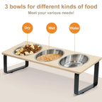 Elevated Cat Bowls Feeder 15° Tilted Raised Feeding & Watering Supplies Pet 3 Stainless Steel Bowls with Stand for Kittens