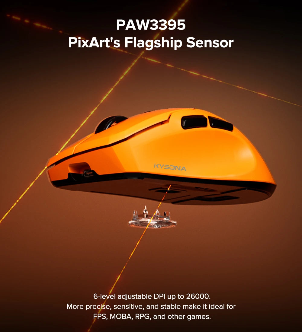 KYSONA Uranus PRO Wireless Gaming Mouse Ergonomic Mouse PAW3395 54g 8KHz Polling Rate 26000DPI For Right Big Hand PC Gamer