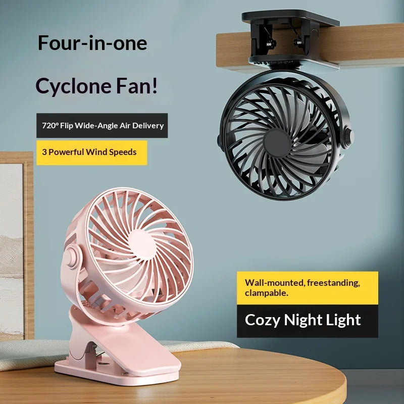 HOMEFISH Portable Rechargeable Clip Fan 720° Rotatable Hanging Fan with Night Light Air Cooler for Outdoor Camping Fan