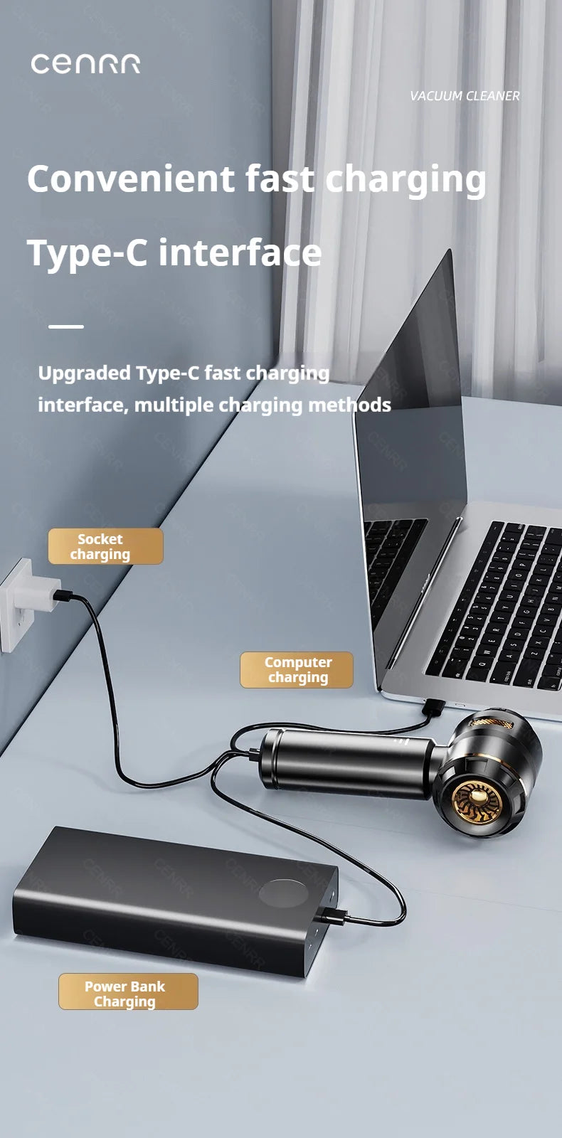 Aspirador Portátil CENRR 998000PA Sem Fios para Limpeza de Carro