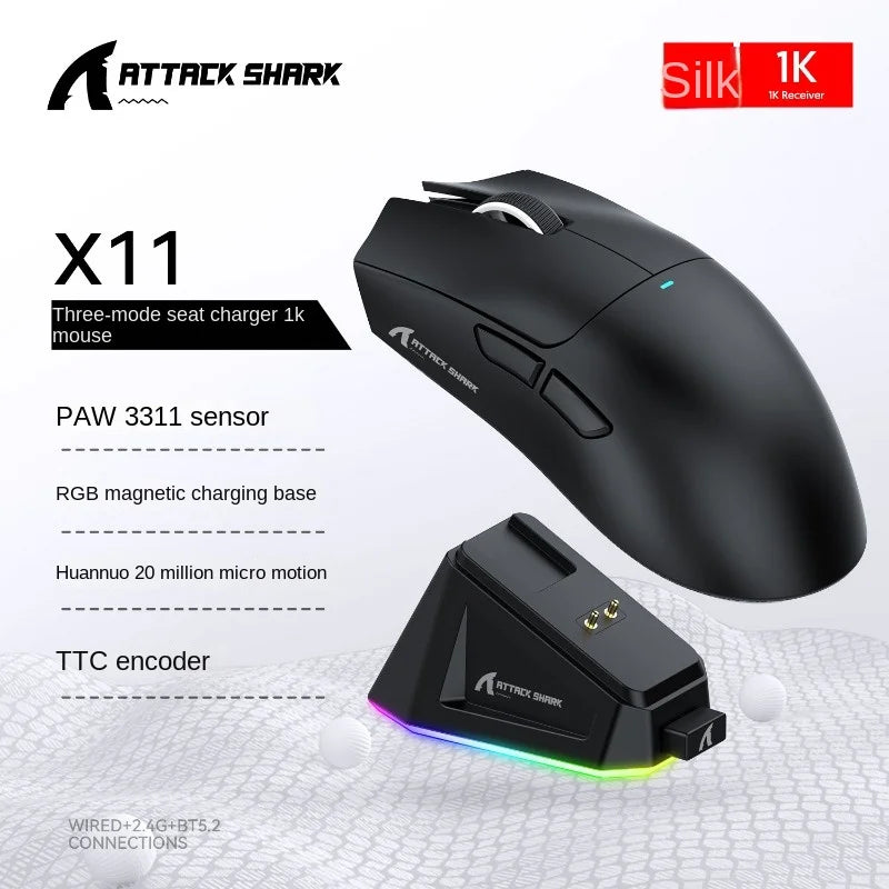 Attack Shark X11SE X11 PAW3311 Bluetooth Mouse, Tri-mode connectivity, Magnetic charging dock, Touchscreen, Ultralight gaming mouse