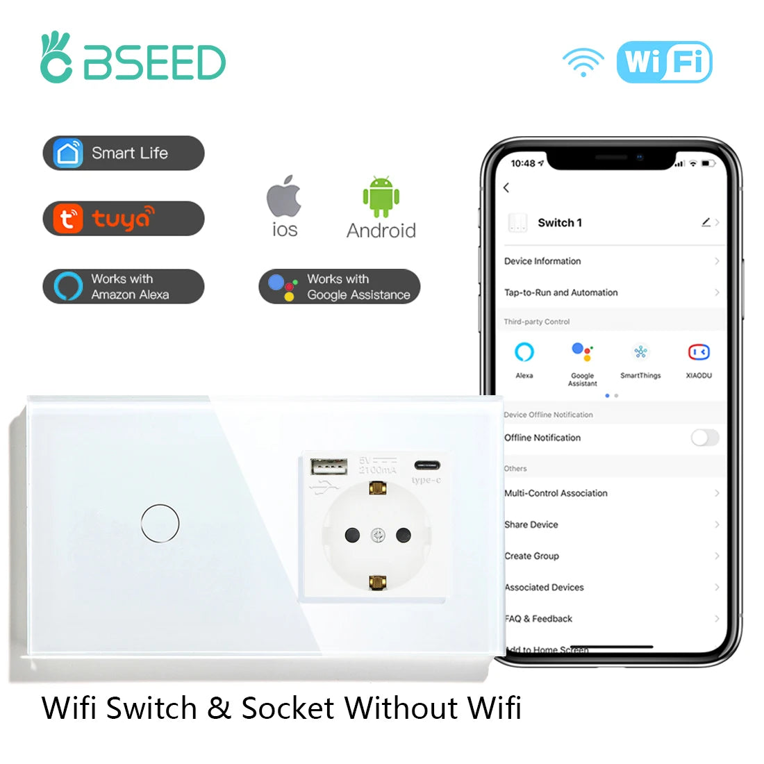 BSEED WiFi Touch Switch — Tomada EU com USB‑C Tuya Smart Life