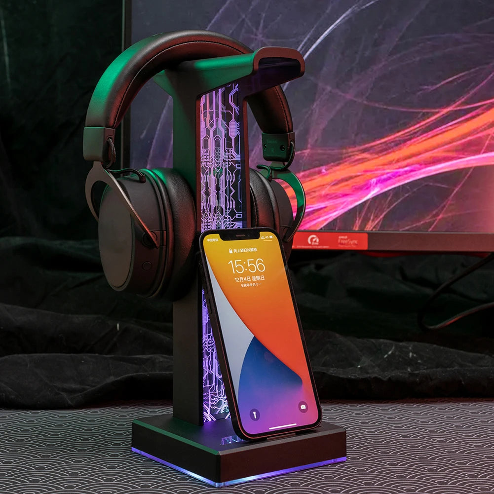 RGB Lights Headphone Stand with 10 Lighting Modes, Dual USB Port, Touch Control Strip Light for all Gaming Headsets, PC Stand