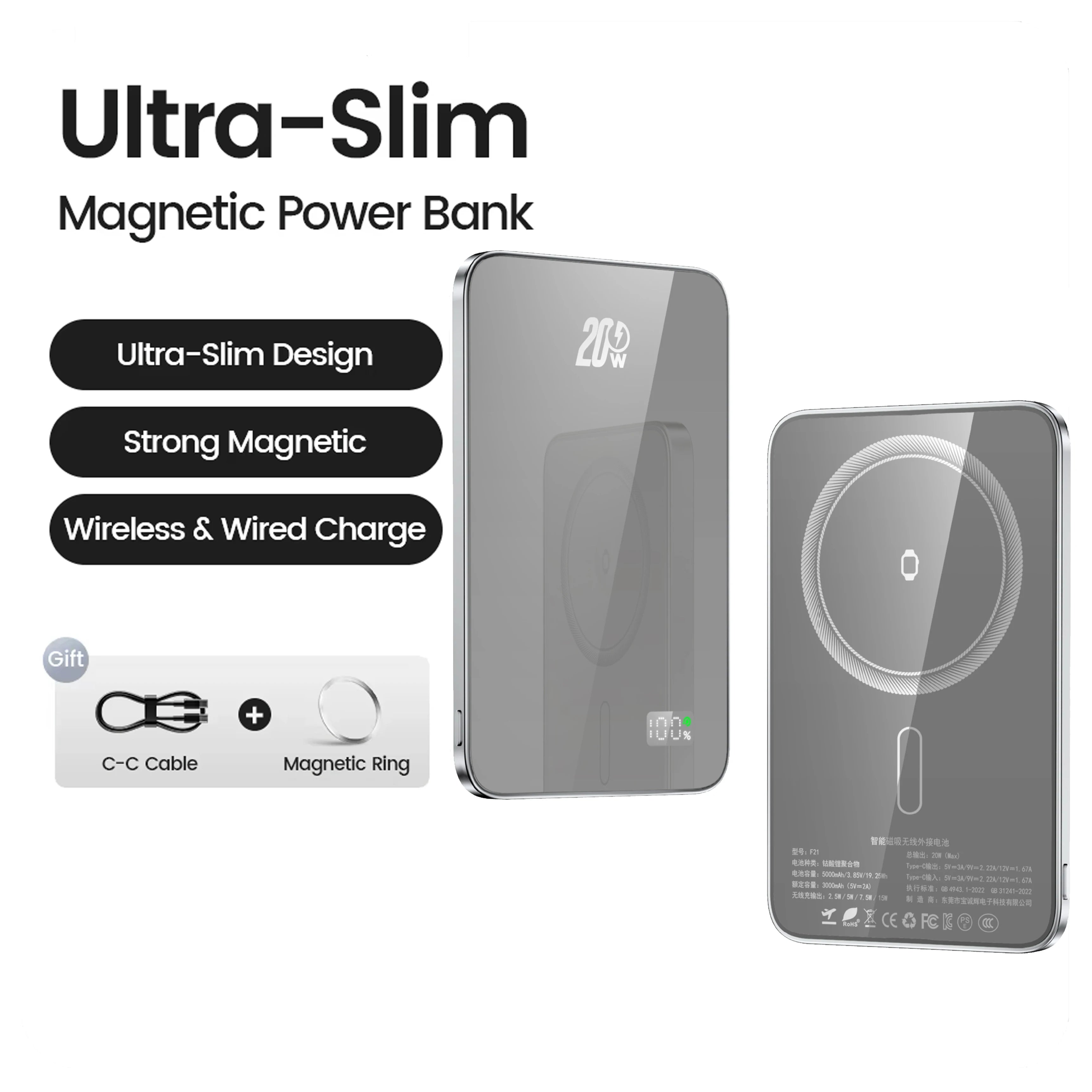 10000mAh 20W Wireless Magnetic Power Bank Portable Battery Charger for MagSafe iPhone 16, 15, 14, 13, and Samsung iWatch