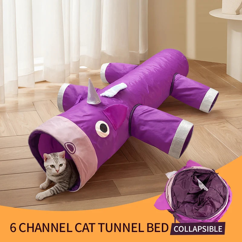 Christmas Gifts Cat Tunnel Toy, Large collapsible cat and dog tunnel toys, 6 entrances and exits design, unique unicorn shape