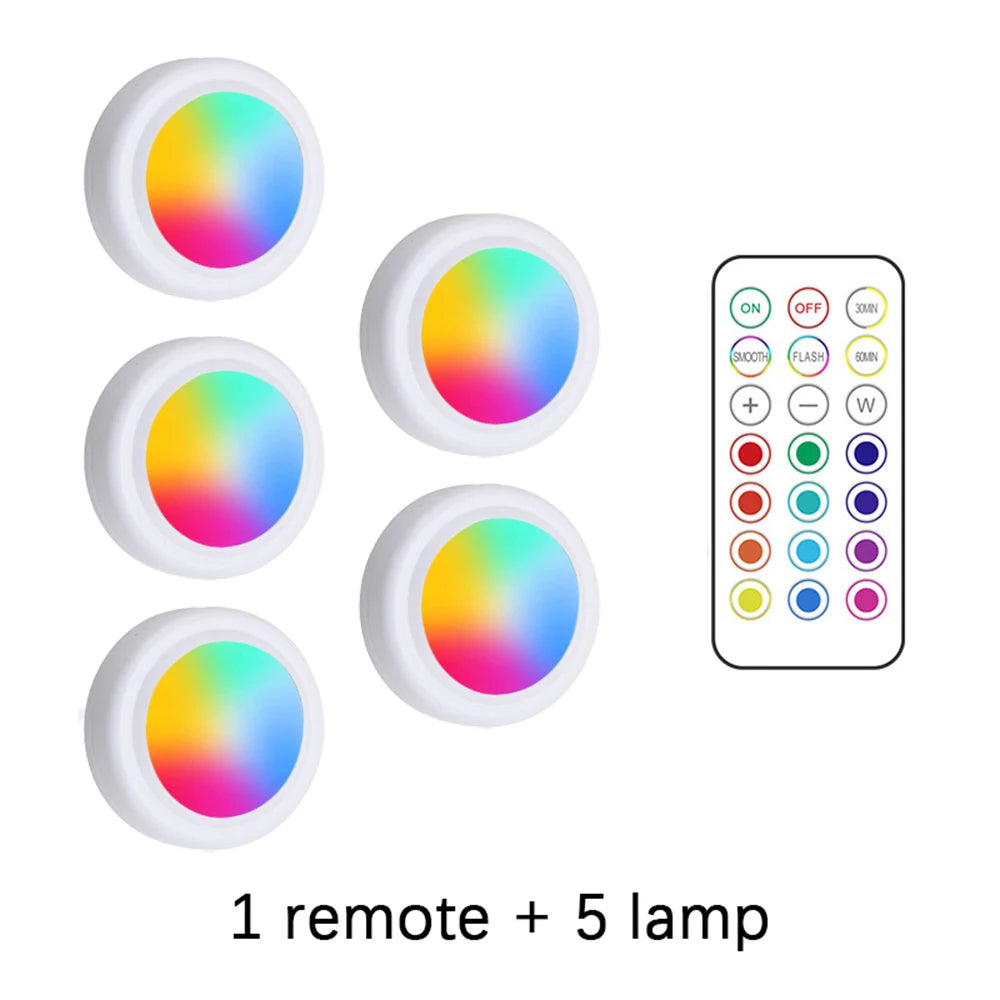 RGB LED Under Cabinet Lights with Remote Control Battery Powered Wireless Dimmable Night Lamp LED Lights for Home Wardrobe Light