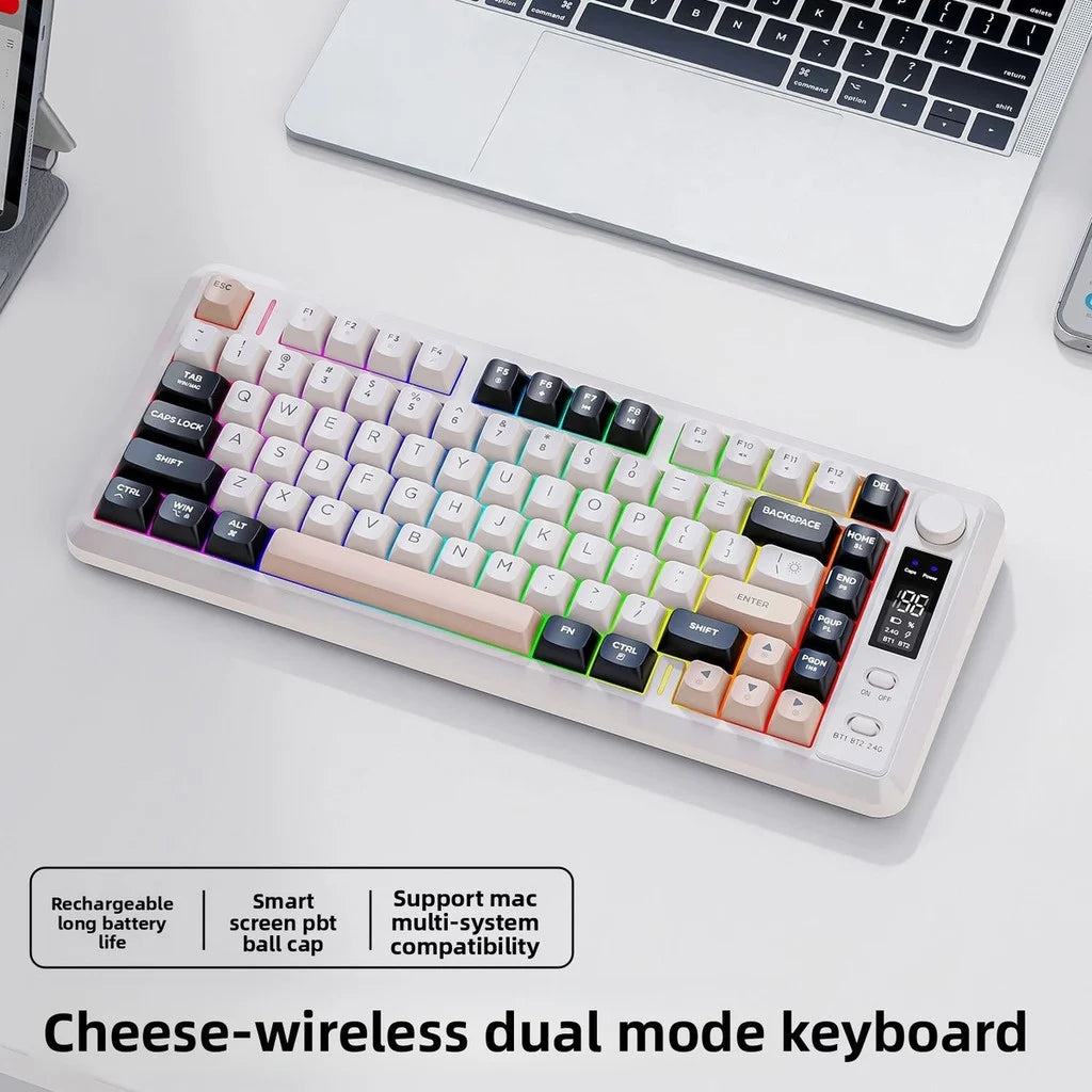 FREE WOLF M75 82-Key Compact Wireless Gaming Keyboard - Dual Mode (Bluetooth/2.4G) RGB Backlit OLED Display Large Battery