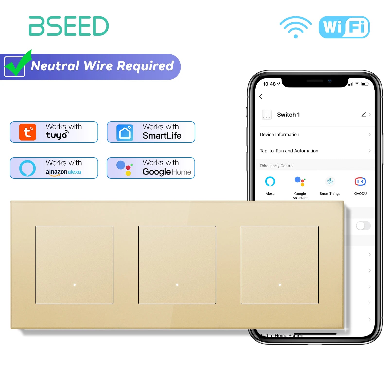 BSEED WiFi Click Switch Module — Moldura Vidro Ouro + Tomadas USB