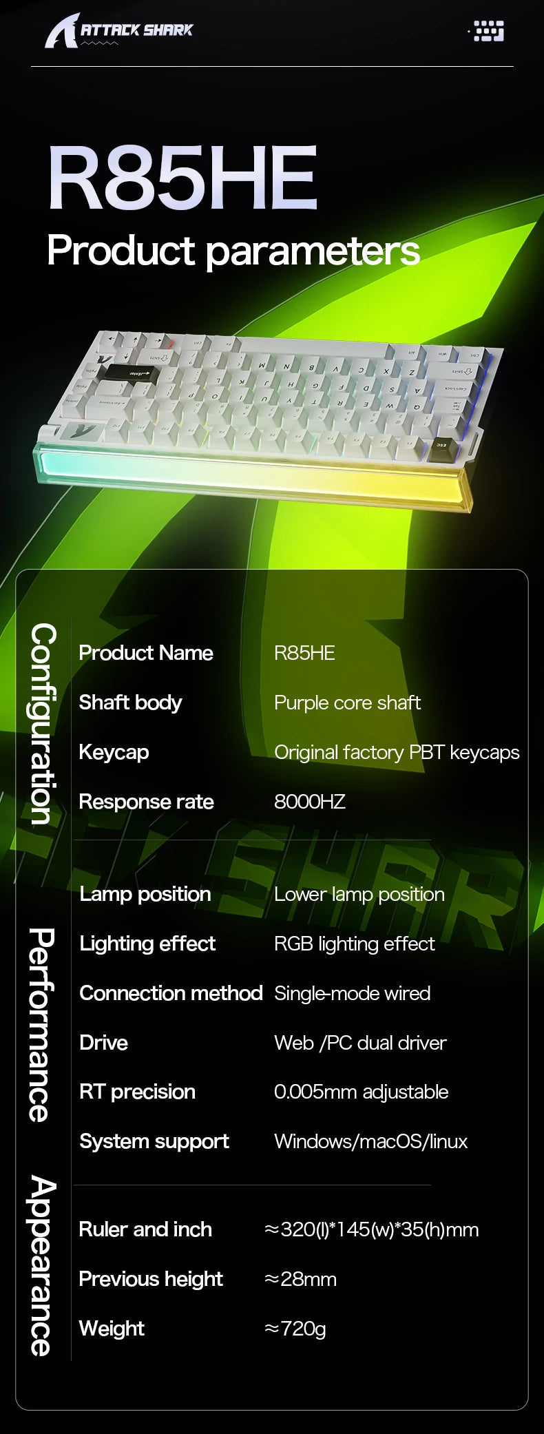 R85 ATTACK SHARK R85HE Magnetic Keyboard Wired 0.005mm RT 8K+ Hz 256K RGB Gaming Keyboard Neon Lightbox for Esports Gaming