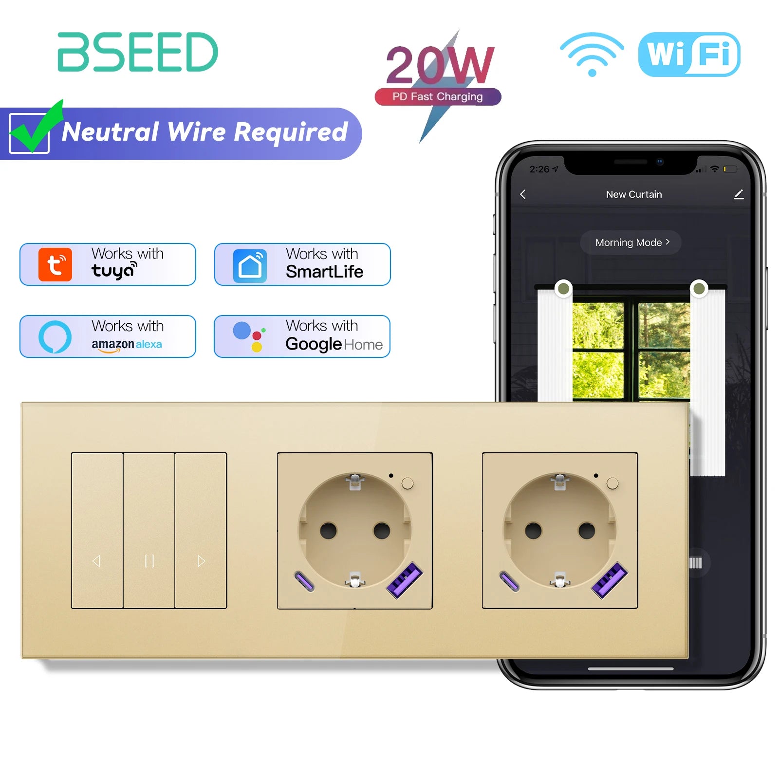 BSEED WiFi Click Switch Module — Moldura Vidro Ouro + Tomadas USB