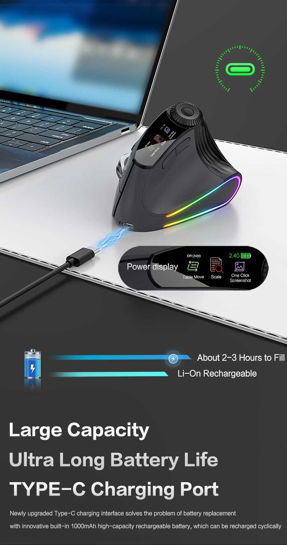 JOMAA Backlit Bluetooth Wireless Vertical Mouse With OLED Screen Rechargeable USB Wired Gaming Mouse 24000DPI Speed ​​Roller