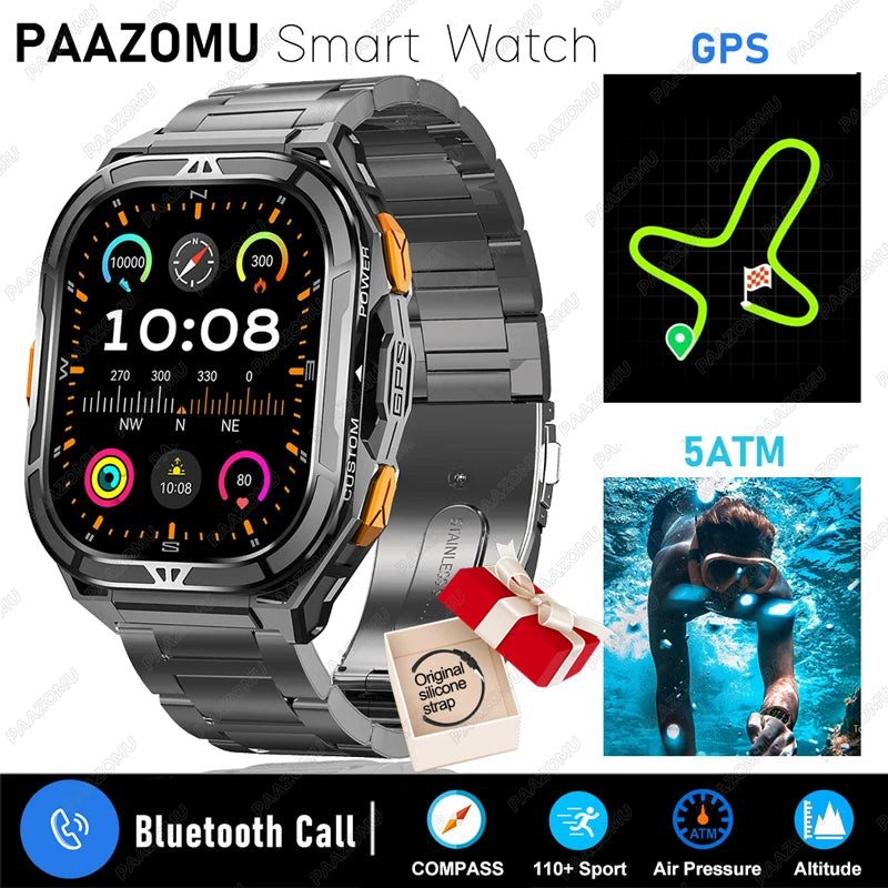 2025 New Men's GPS Smart Watch 1.96 inch HD AMOLED Screen Compass Bluetooth Call 5ATM Waterproof Sport Smart Watch for Android iOS