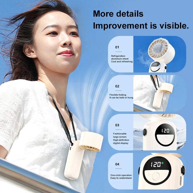 Outdoor Handheld Cold Compress Fan 3600mAh Quite High-speed Cold Air USB Rechargeable Mini Turbo Fan with Lanyard Portable Fan