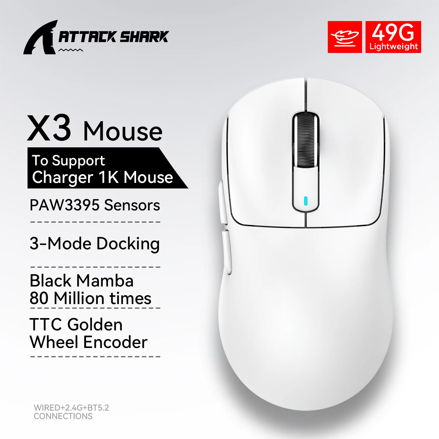 Attack Shark X3 PixArt PAW3395 Wireless Mouse, 26K DPI Lightweight Mouse ,Tri-Mode Macro Gaming Mouse,Laptop/win/mac