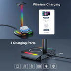New Bee Z12 RGB Headset Stand Holder with Wireless Charger, Desk Base, Gaming Headphones Holder, Non-Slip Rubber Base