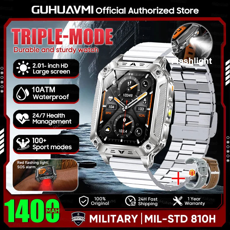 New Rugged Military Smart Watch Men 1400mAh Battery 2.01inch AMOLED Bluetooth Call 10ATM Waterproof LED Flashlight Smart Watch