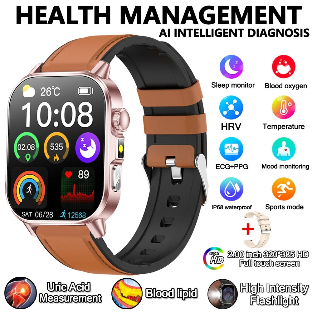 2026 New Model Uric Acid & Lipid Health Analysis Smartwatch Men's ECG+PPG Bluetooth Call 2.01 inch Flashlight Smartwatch Women's