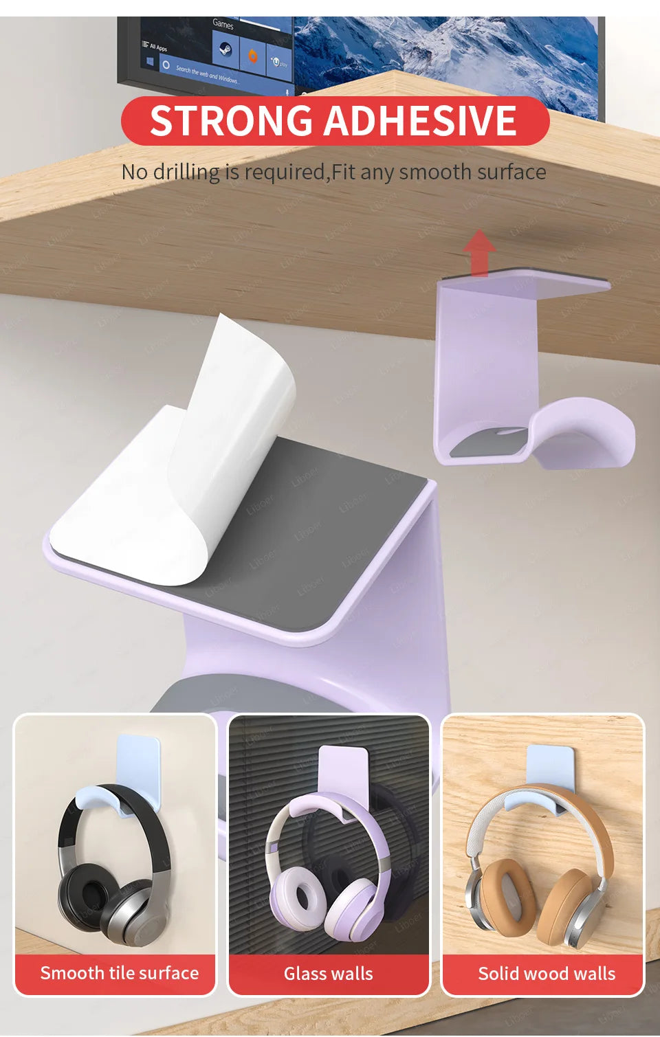 Suporte de Headphones para Debaixo da Secretária — Gancho Multicor Universal