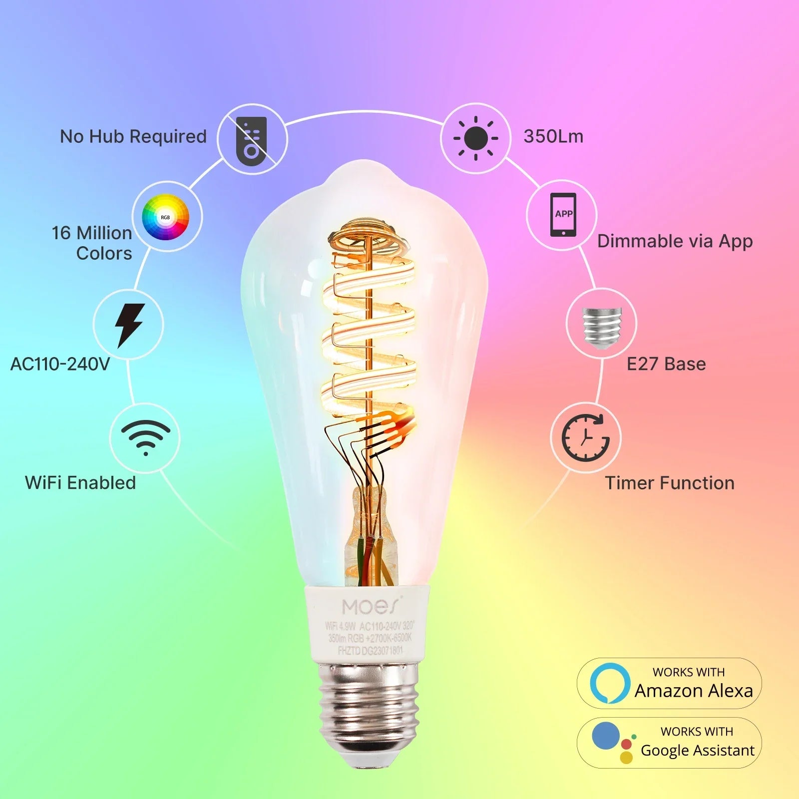 MOES Tuya ST64 Smart Bulb — LED RGB 2700–6500K WiFi Alexa