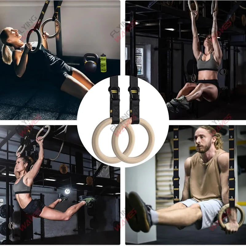 Anéis de Ginástica em Madeira com Fitas Numeradas Ajustáveis