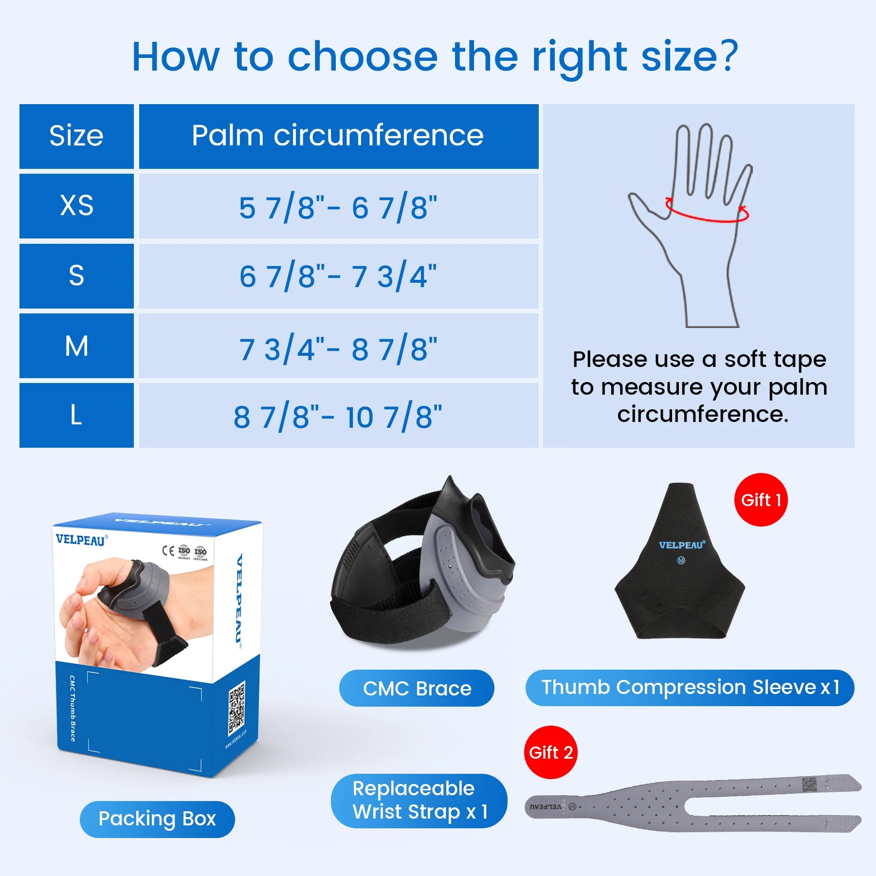 VELPEAU CMC Thumb Brace for Osteoarthritis, Pain and Arthritis Support, Comfortable thumb splint comes with compression sleeve.