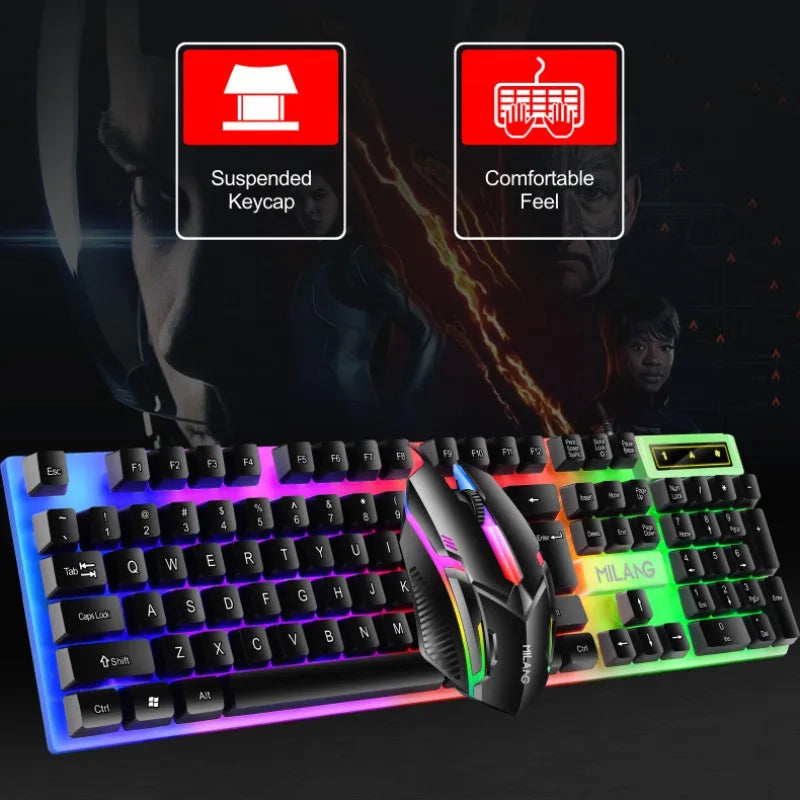 Rainbow Backlit Wired Keyboard and Mouse,Floating Keycap Strong, Wear-resistant, Comfortable Feel Keyboard for Business Office