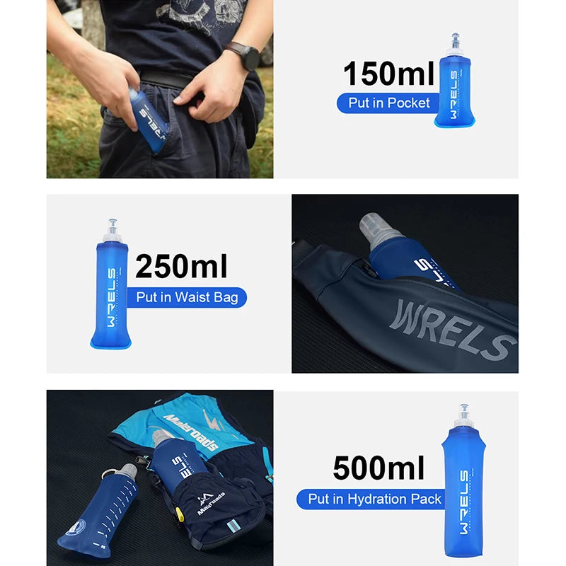 WRELS Outdoor Collapsible Silicone Bite Size Water Bottle Running Camping Hiking Travel Convenient Water Bottle 150ml 500ml 250m