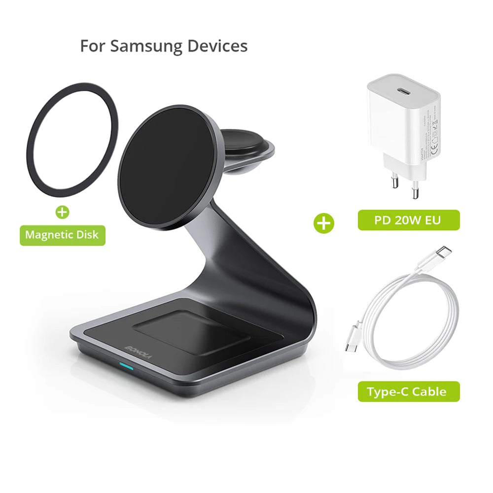 Bonola 3‑in‑1 Magnetic Wireless Charger — 25W Stand p/ Samsung & Watch