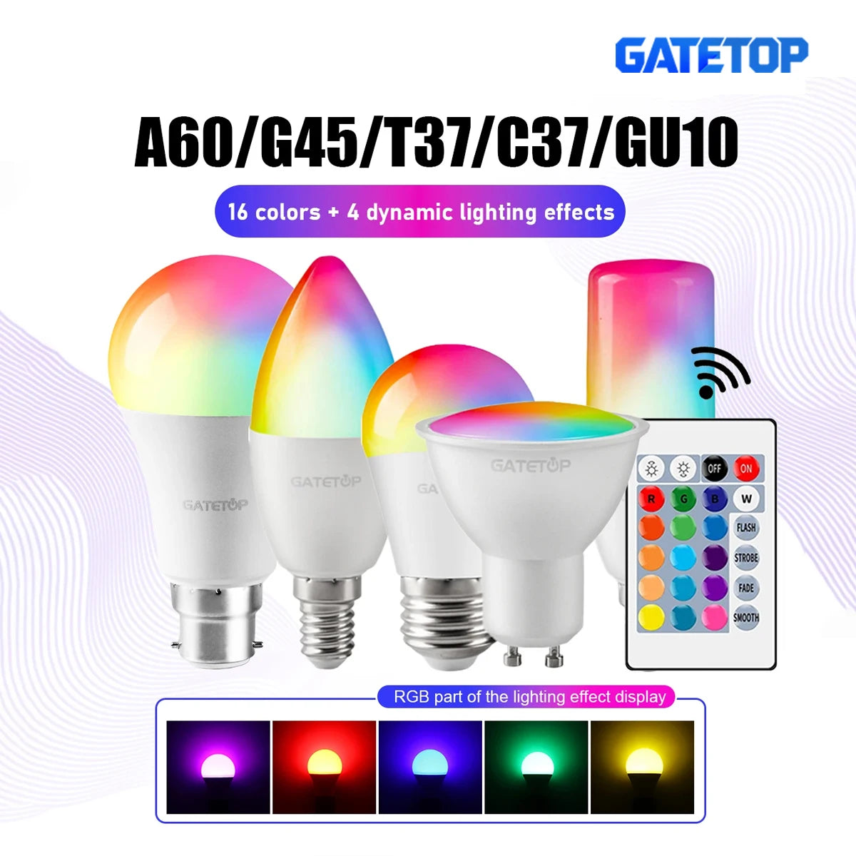 1-10PCS Smart RGBW LED Bulb Spotlight E27 E14 B22 GU10 6W 10W with infrared remote control suitable for colorful home lighting.