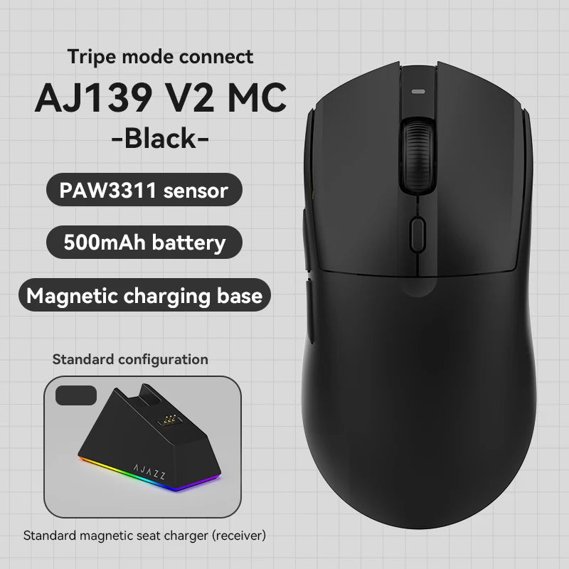 AJ139-V2-MC Tri-mode Wired/2.4GHz /BT Wireless Gaming Mouse with Magnetic Charging Base PAW3311 Gaming Chipset 12000DPI Max