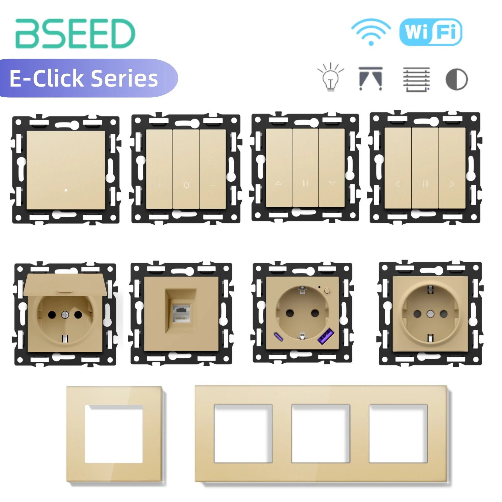 BSEED WiFi Click Switch Module — Moldura Vidro Ouro + Tomadas USB